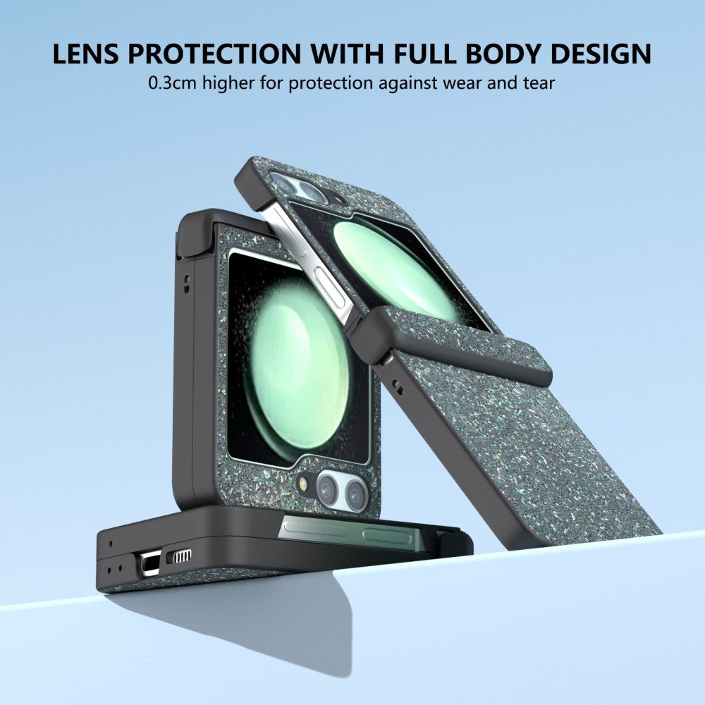 EIDERWOOD Samsung Galaxy Z Flip7 FE / Flip6 Læderbetrukket Glitrende Plastik Bagside Cover - Sort