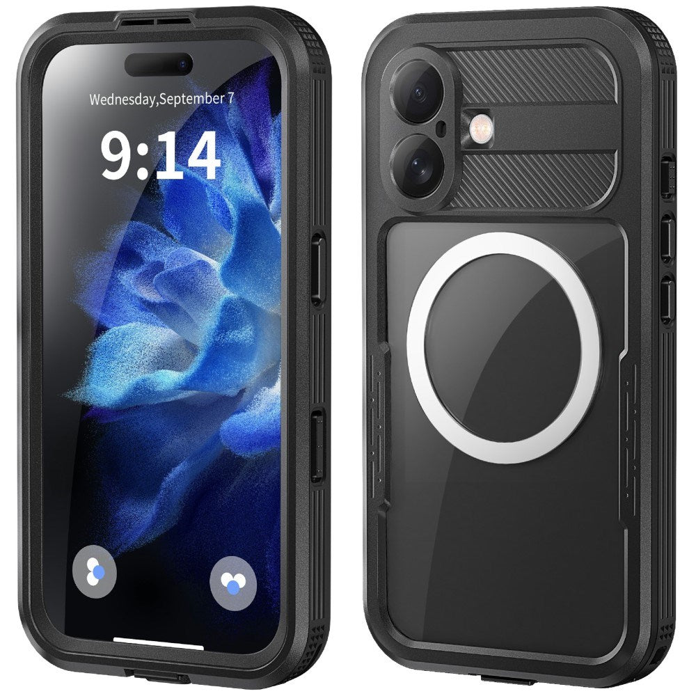 iPhone 16 Vandtæt Håndværker Plastik Cover m. Skærmbeskyttelse og Strop - MagSafe Kompatibel - Gennemsigtig / Sort