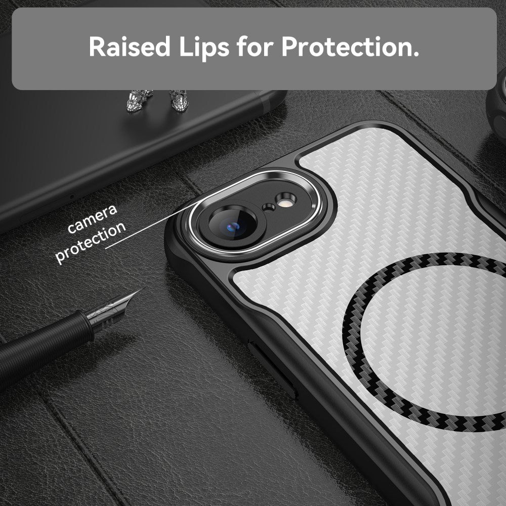 EIDERWOOD iPhone 17e / 16e Carbon Bagside Cover m. Forstærkede Hjørner - MagSafe Kompatibel - Sort
