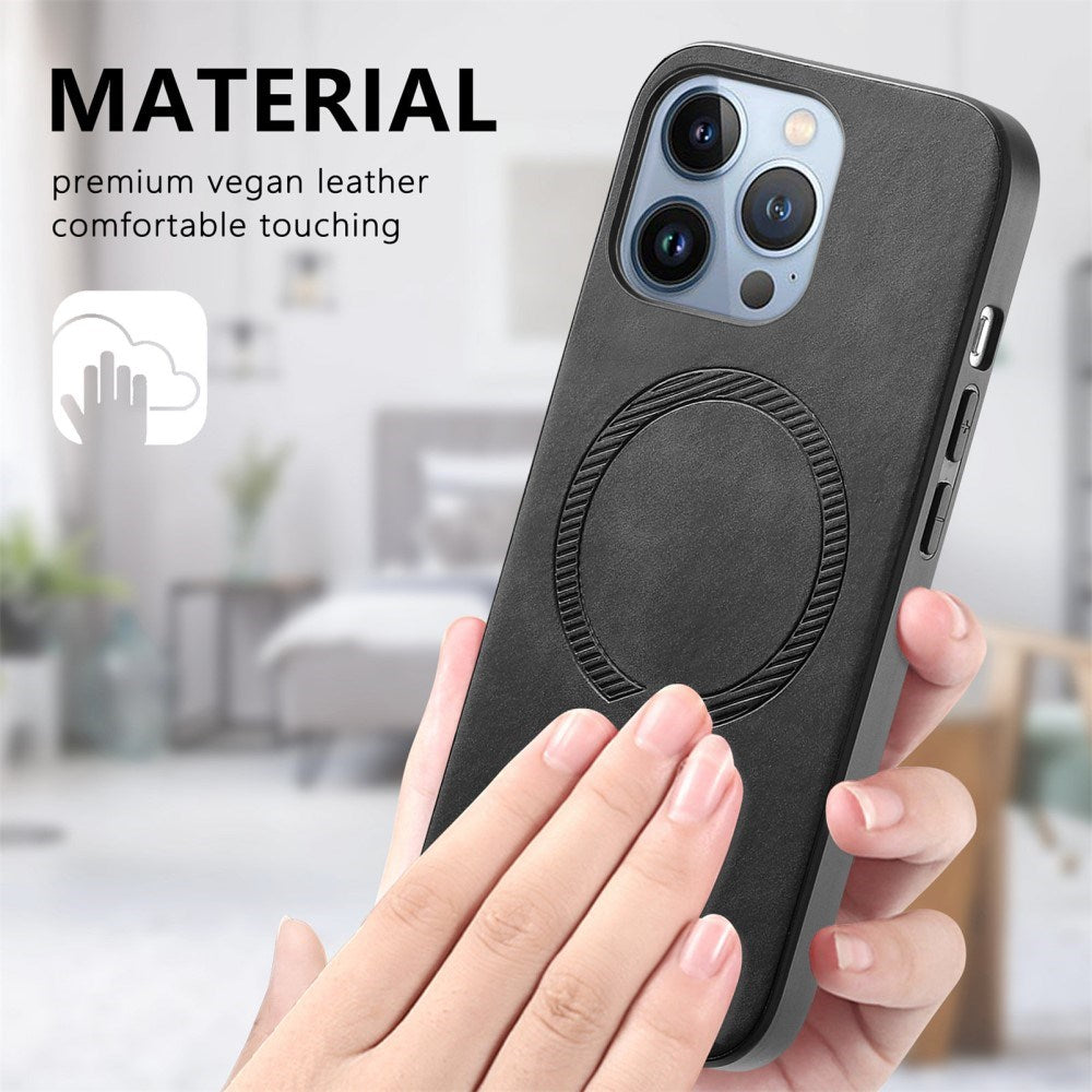 iPhone 16 Pro Læderbelagt Plastik Bagside Cover - MagSafe Kompatibel - Sort