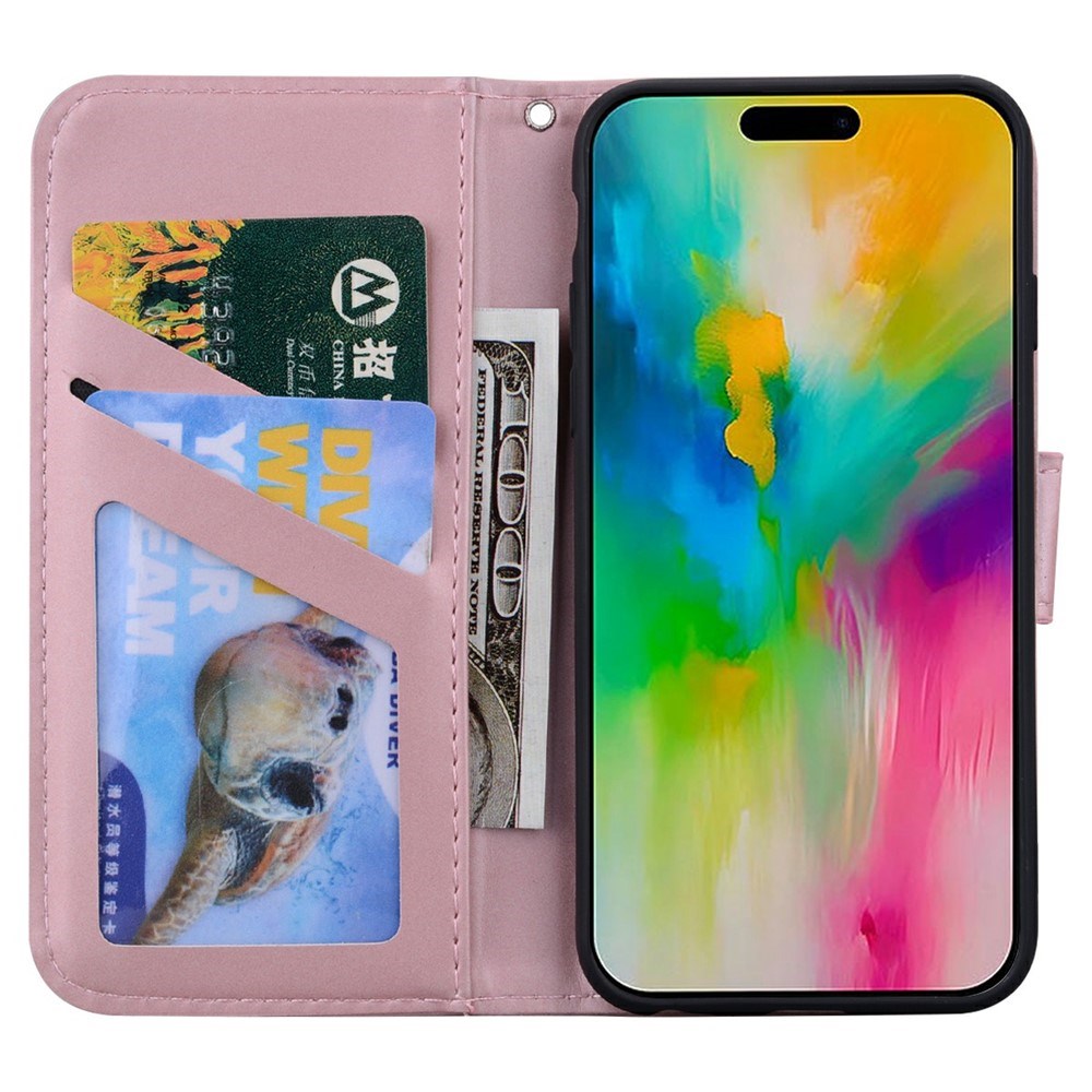 iPhone 16 Pro Kunstlæder Flip Cover m. Figur & Ståfunktion - Lyserød