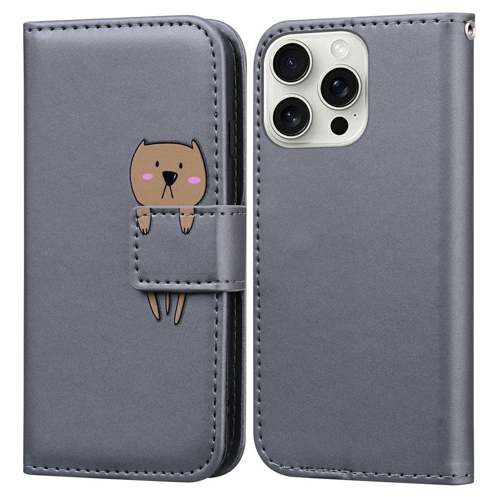 iPhone 16 Pro Kunstlæder Flip Cover m. Figur & Ståfunktion - Grå