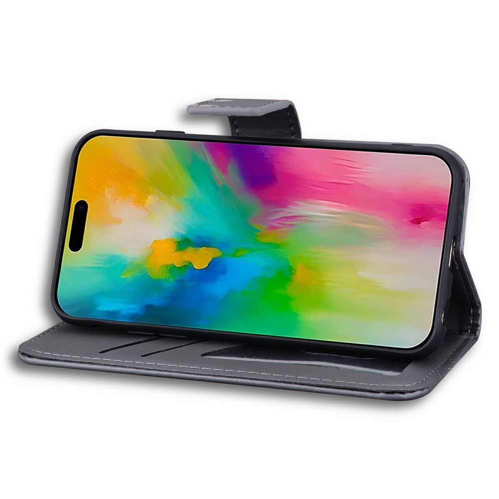 iPhone 16 Pro Kunstlæder Flip Cover m. Figur & Ståfunktion - Grå