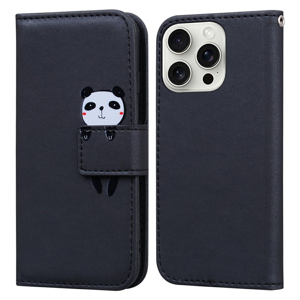 iPhone 16 Pro Kunstlæder Flip Cover m. Figur & Ståfunktion - Sort