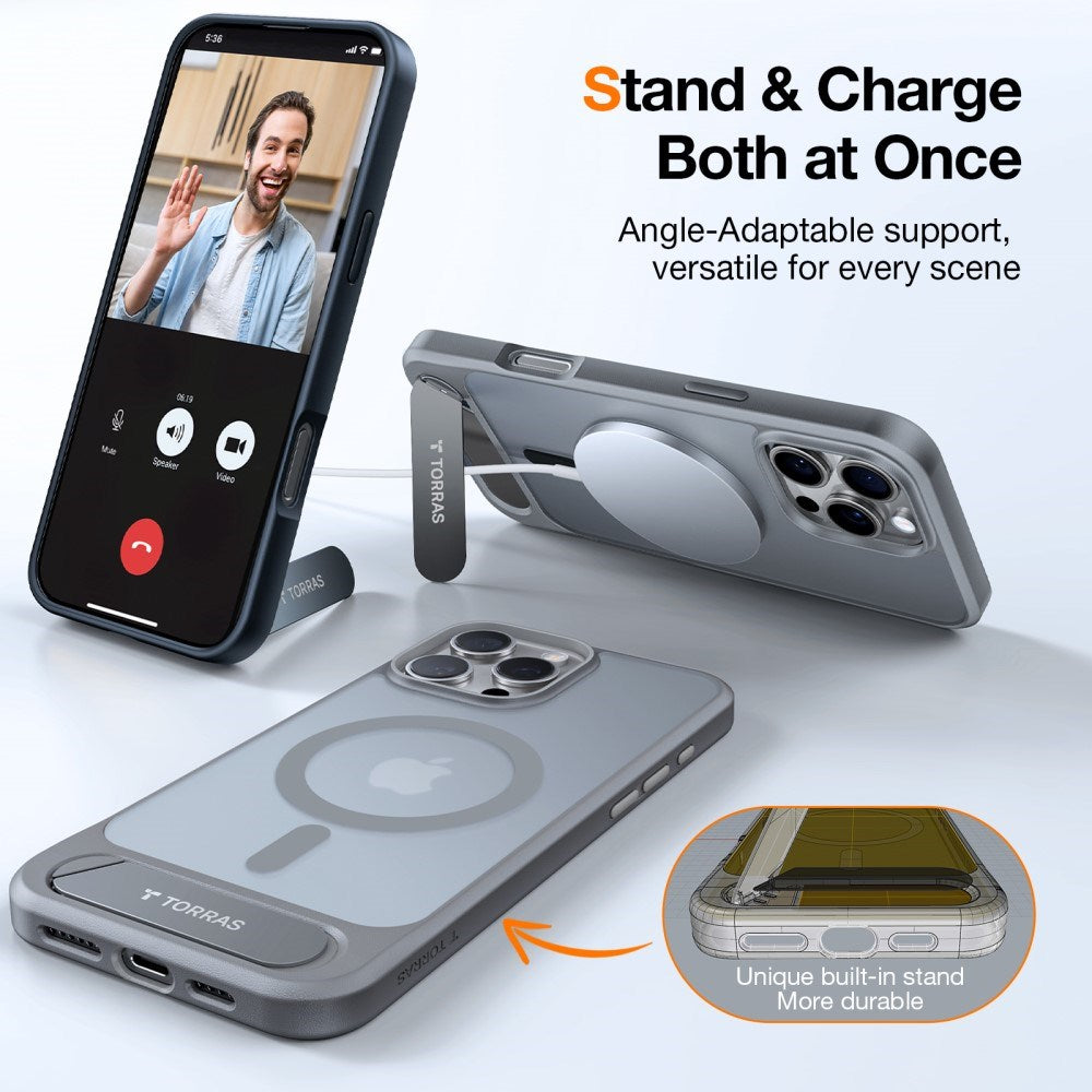 TORRAS - iPhone 16 Pro - Hybrid Cover m. Ståfunktion - MagSafe Kompatibel - Grå