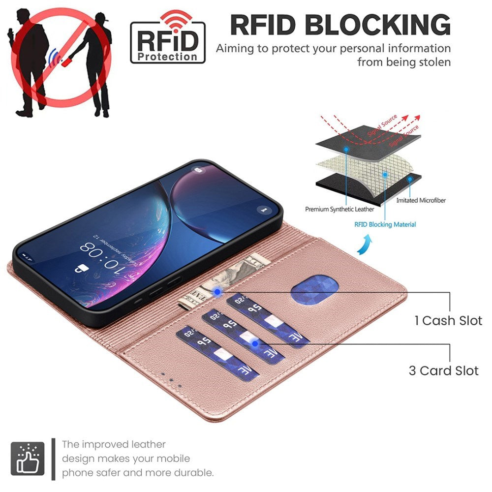 BINFEN Samsung Galaxy A36 (5G) Imiteret Læder Flip Cover m. RFID Blokering og Kortholder - Rose Gold