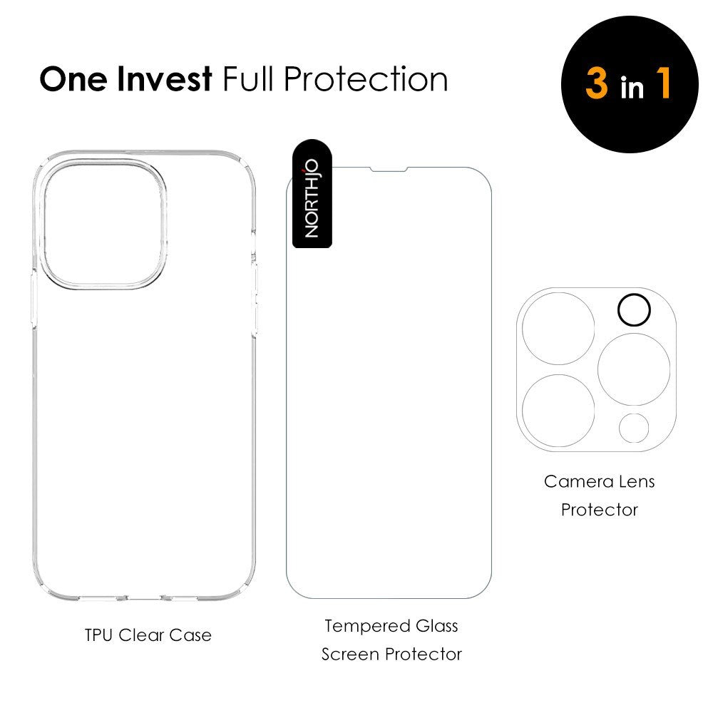 iPhone 14 Pro NORTHJO 360° Protection Set inkl. Cover & Skærmbeskyttelse & Kameralinsebeskyttelse - Gennemsigtig