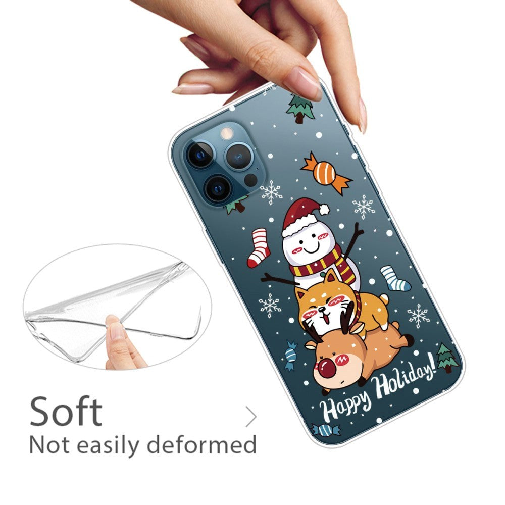 iPhone 14 Pro Fleksibel Plastik Jule Bagside Cover - Snemand, Hund og Rensdyr