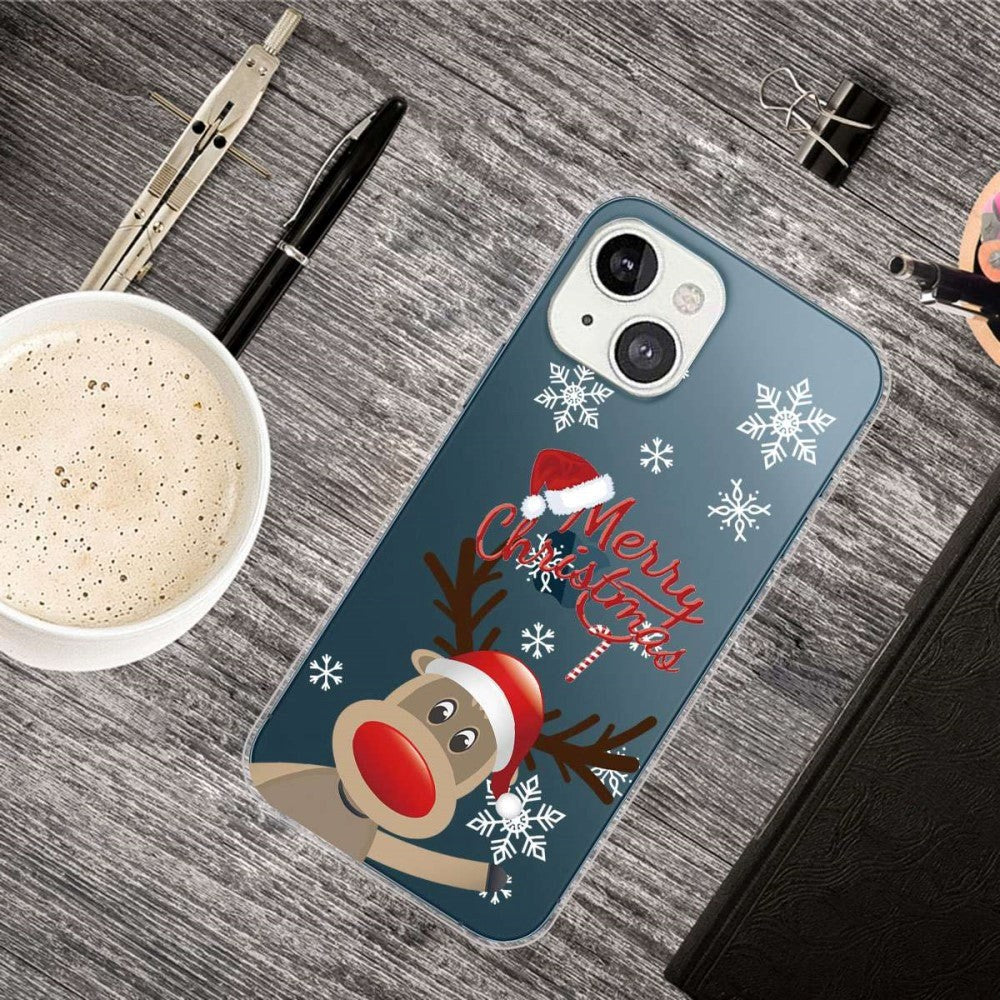 iPhone 14 Plus Fleksibelt Plast Jule Bagside Cover - Rensdyr Med Nissehue