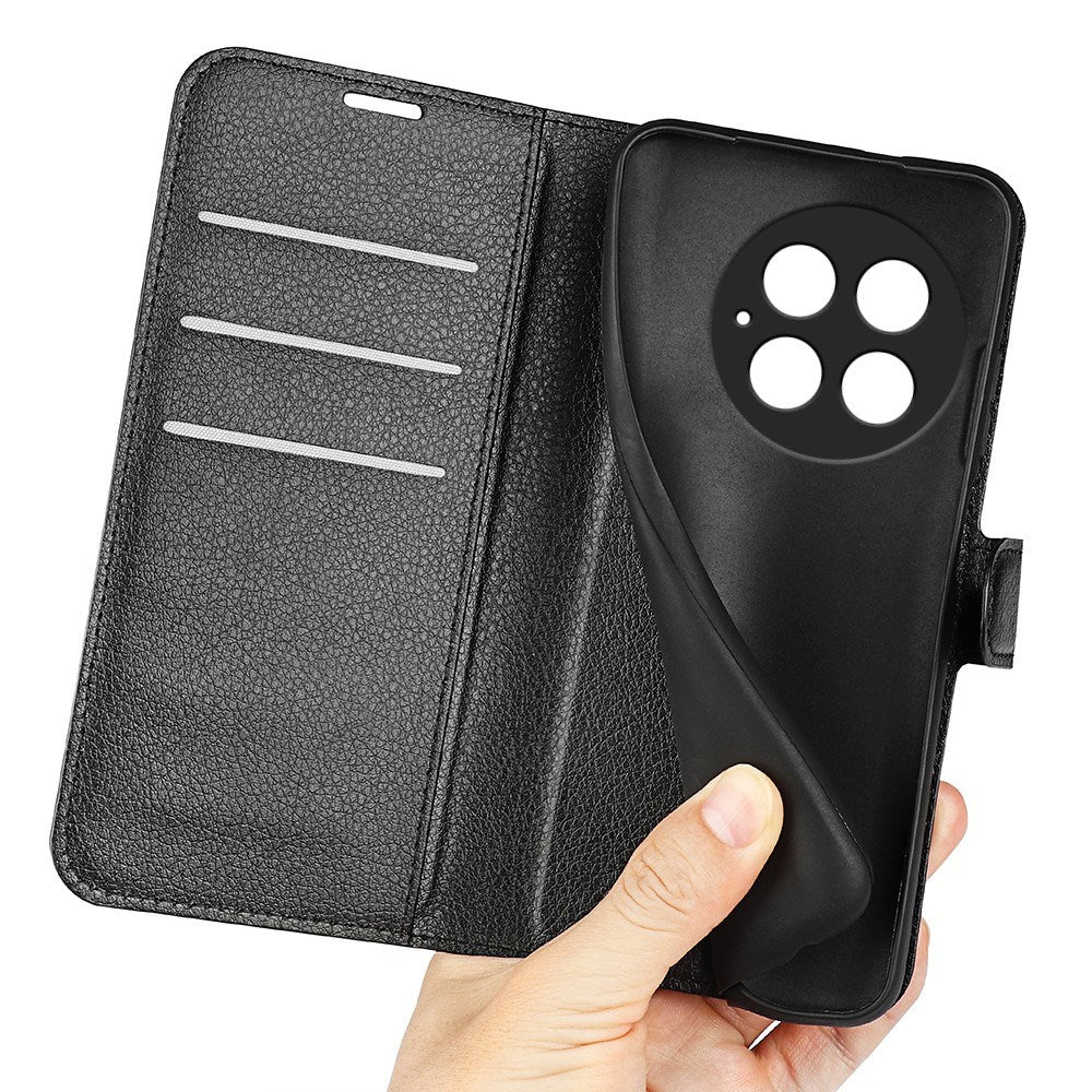 EIDERWOOD OnePlus 13 Stødresistent Læder Wallet Cover med Litchi Tekstur - Sort