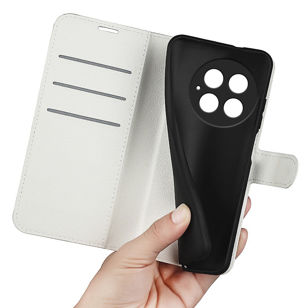 EIDERWOOD OnePlus 13 Stødresistent Læder Wallet Cover med Litchi Tekstur - Hvid