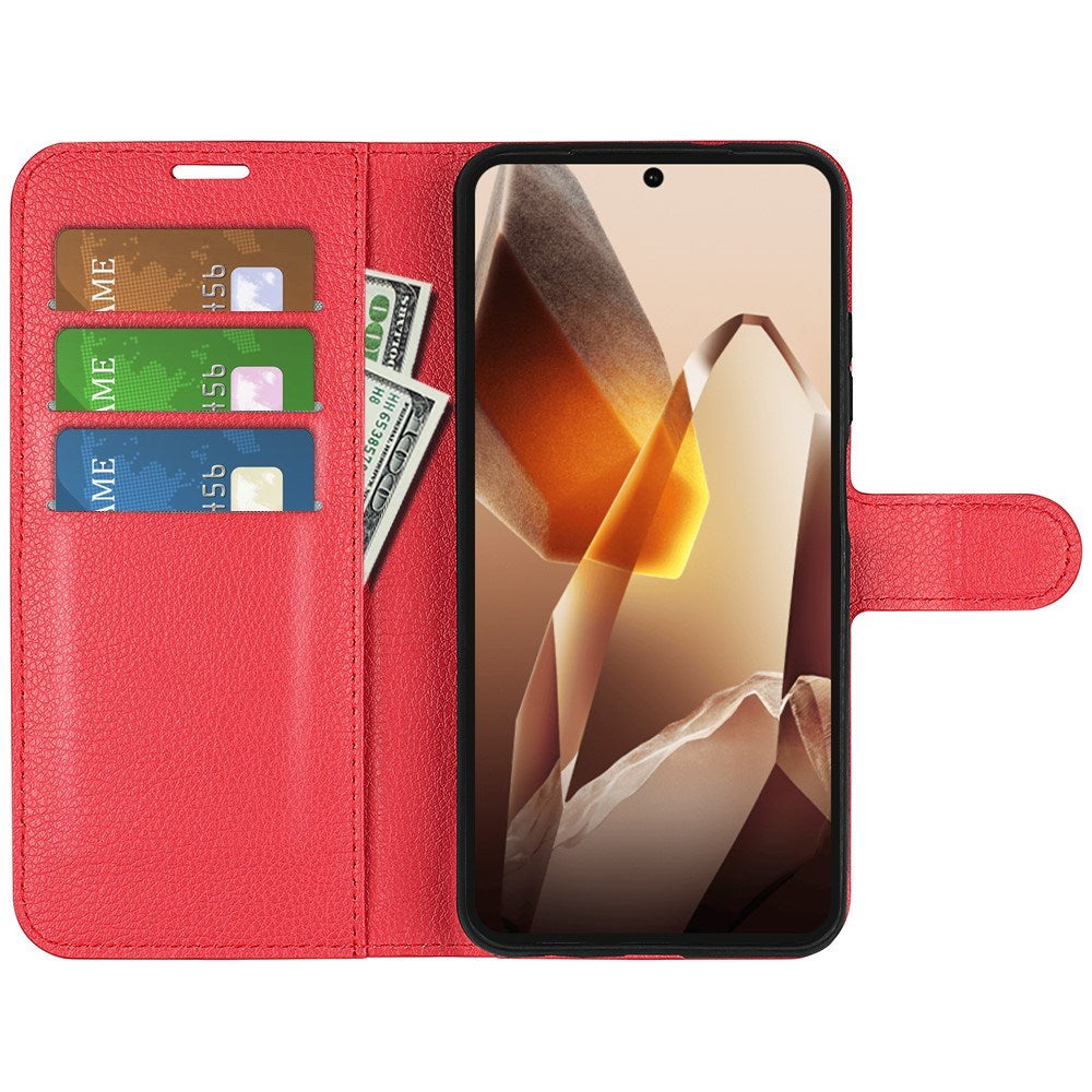 EIDERWOOD OnePlus 13 Stødresistent Læder Wallet Cover med Litchi Tekstur - Rød