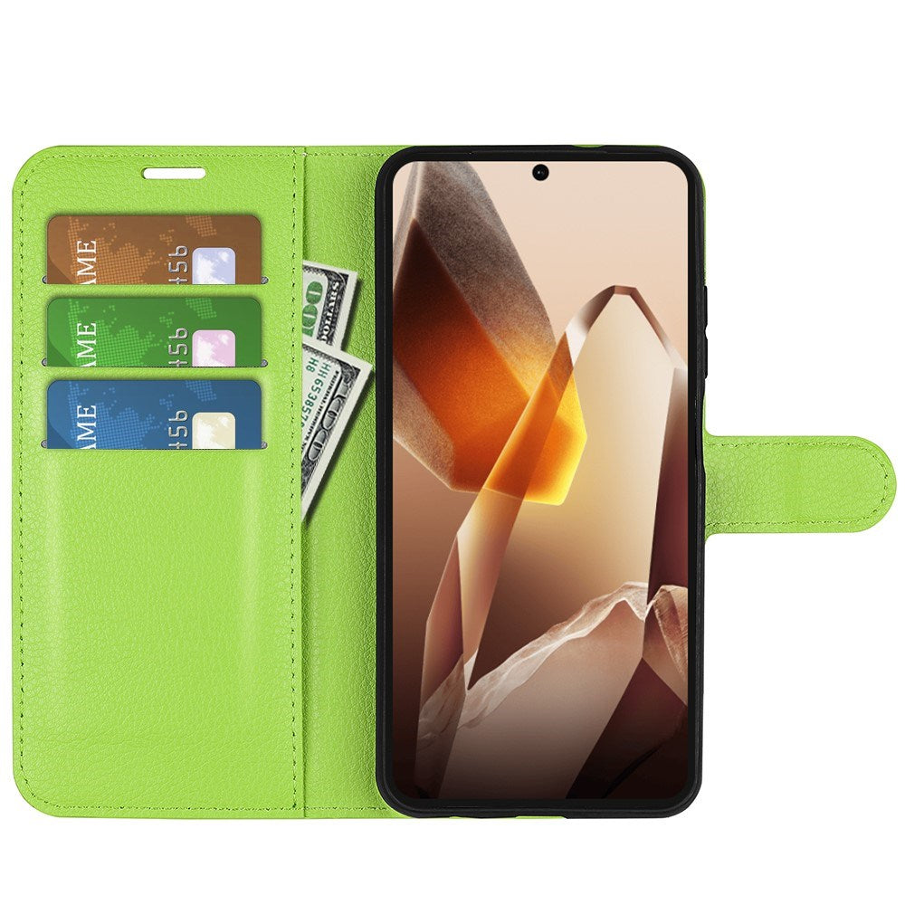 EIDERWOOD OnePlus 13 Stødresistent Læder Wallet Cover med Litchi Tekstur - Grøn
