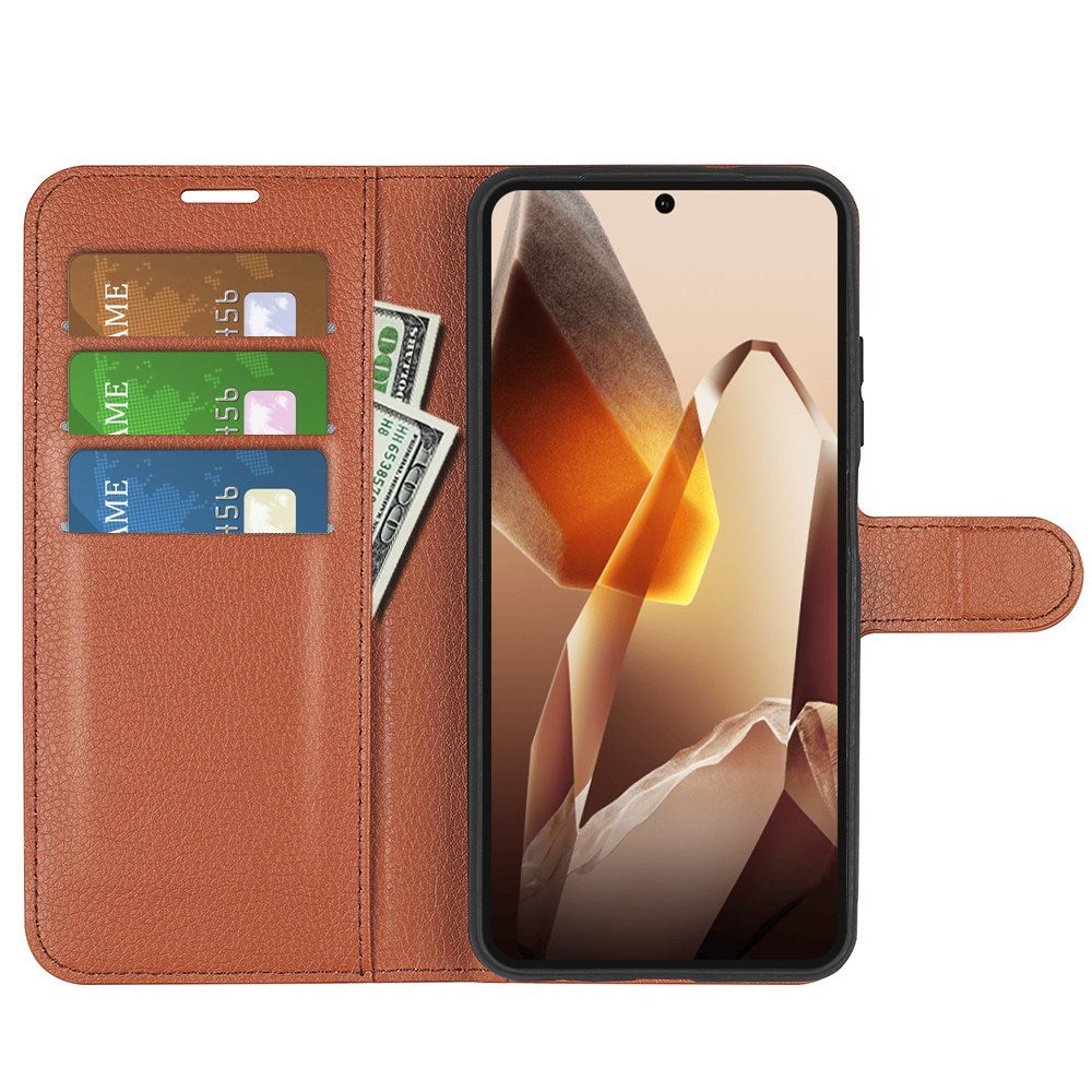 EIDERWOOD OnePlus 13 Stødresistent Læder Wallet Cover med Litchi Tekstur - Brun