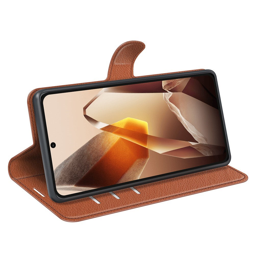 EIDERWOOD OnePlus 13 Stødresistent Læder Wallet Cover med Litchi Tekstur - Brun