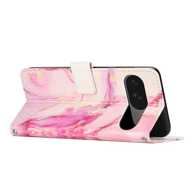 Google Pixel 10 / 10 Pro / 9 / 9 Pro - EIDERWOOD Marmor Kunstlæder Flip Cover m. Strop - Rose Gold