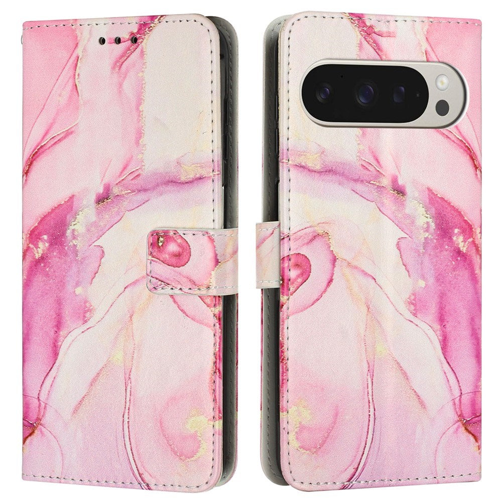 Google Pixel 10 Pro XL / 9 Pro XL - EIDERWOOD Marmormønstret Kunstlæder Flip Cover m. Strop - Lyserød