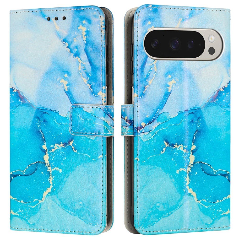 Google Pixel 10 Pro XL / 9 Pro XL - EIDERWOOD Marmormønstret Kunstlæder Flip Cover m. Strop - Blå