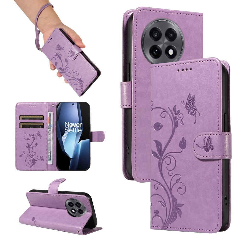 EIDERWOOD OnePlus 13R Flipcover med Indgraveret Motiv - inkl. Kortholder - Ståfunktion - Håndledsrem - Lilla