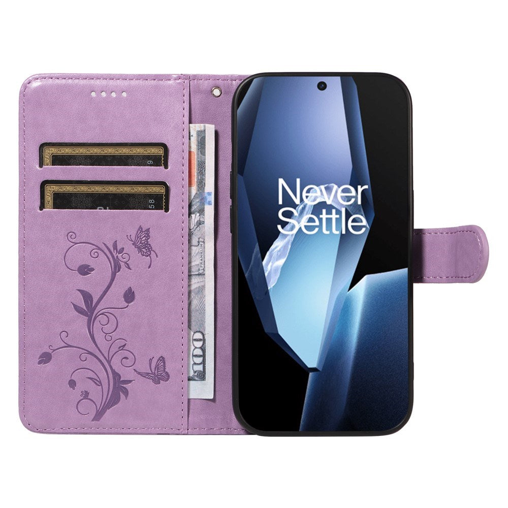 EIDERWOOD OnePlus 13R Flipcover med Indgraveret Motiv - inkl. Kortholder - Ståfunktion - Håndledsrem - Lilla