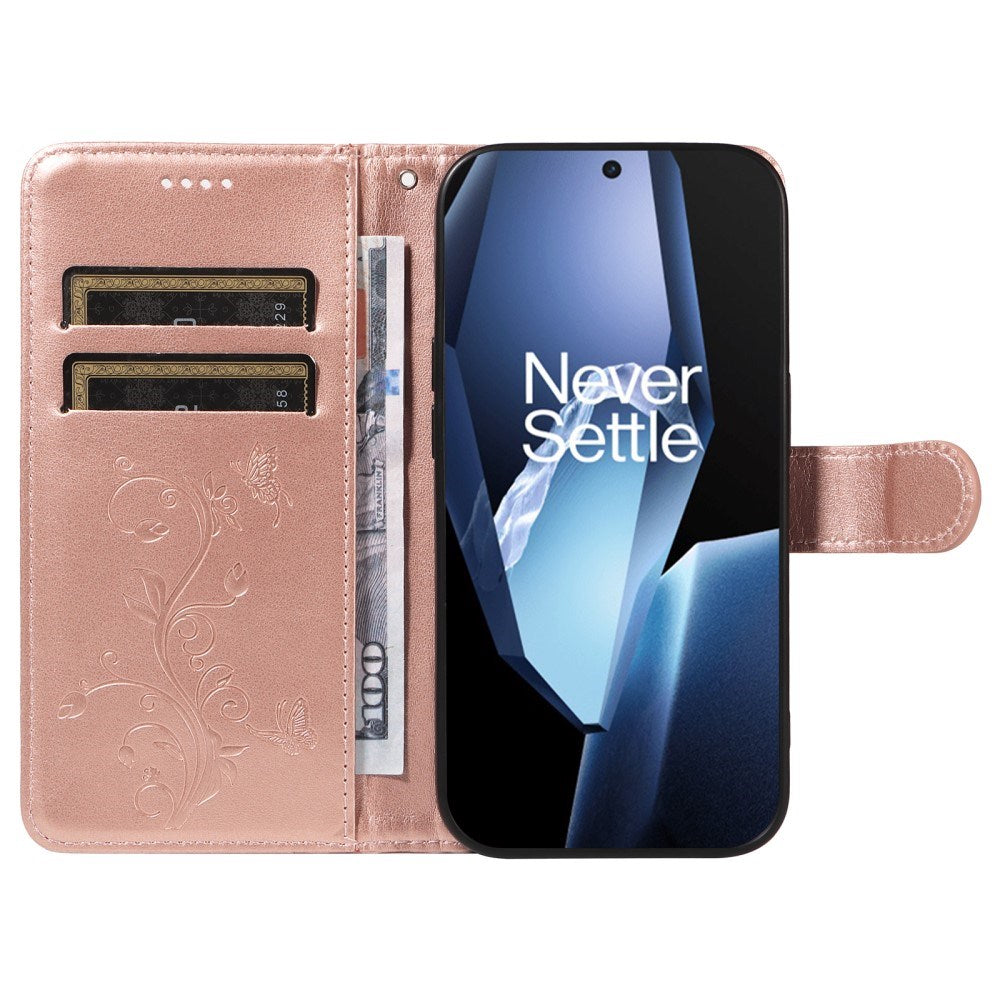 EIDERWOOD OnePlus 13R Flipcover med Indgraveret Motiv - inkl. Kortholder - Ståfunktion - Håndledsrem - Rose Gold