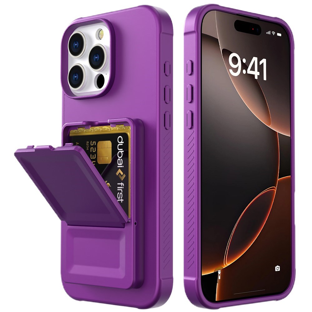 EIDERWOOD iPhone 16 Pro Max Fleksibelt Plastik Bagside Cover m. Kortholder & Indbygget Spejl - Mørkelilla