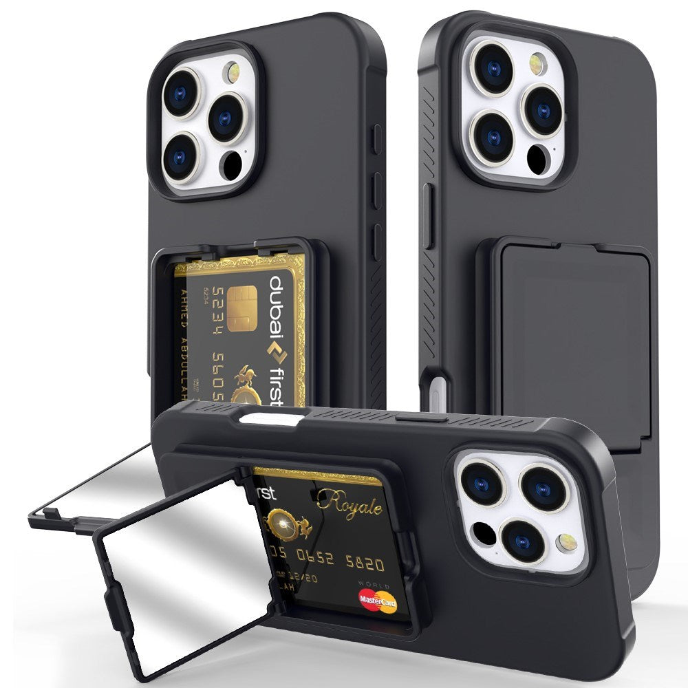 EIDERWOOD iPhone 16 Pro Max Fleksibelt Plastik Bagside Cover m. Kortholder & Indbygget Spejl - Sort