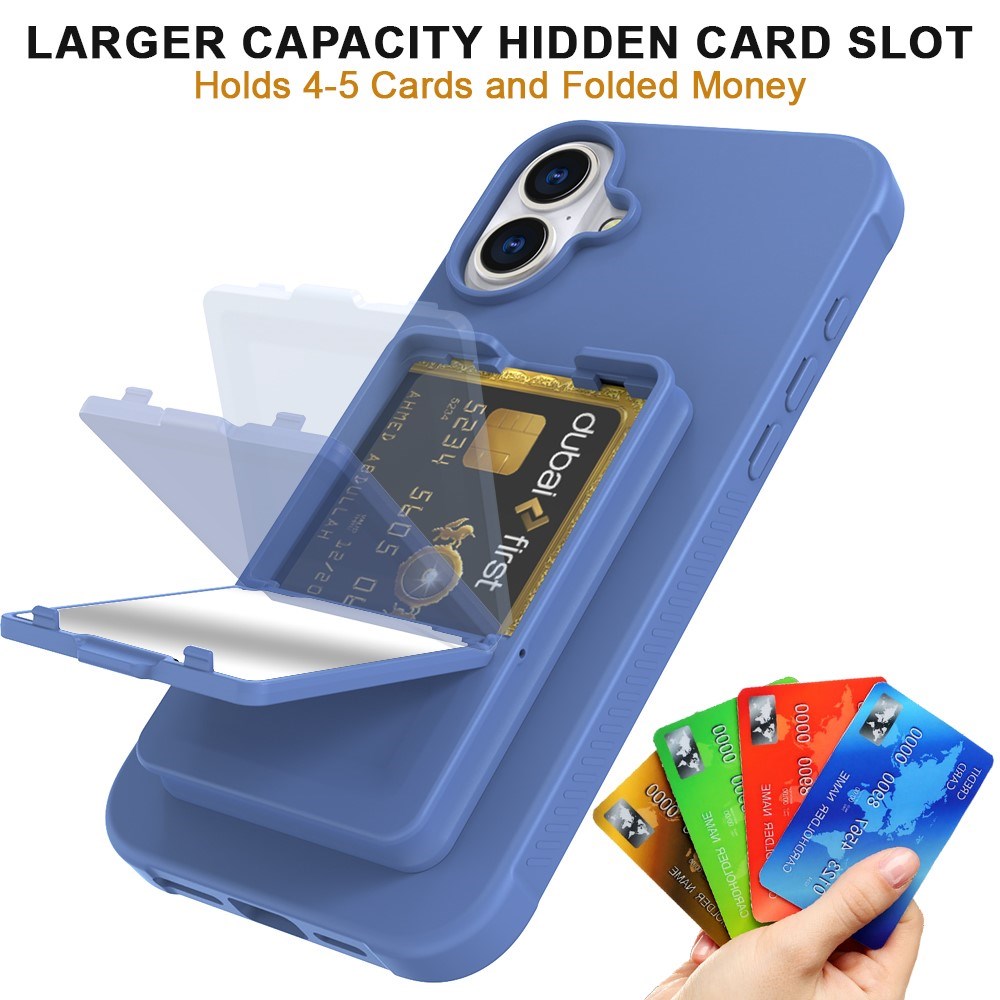 EIDERWOOD iPhone 16 Plus Fleksibelt Plastik Bagside Cover m. Kortholder & Indbygget Spejl - Blå