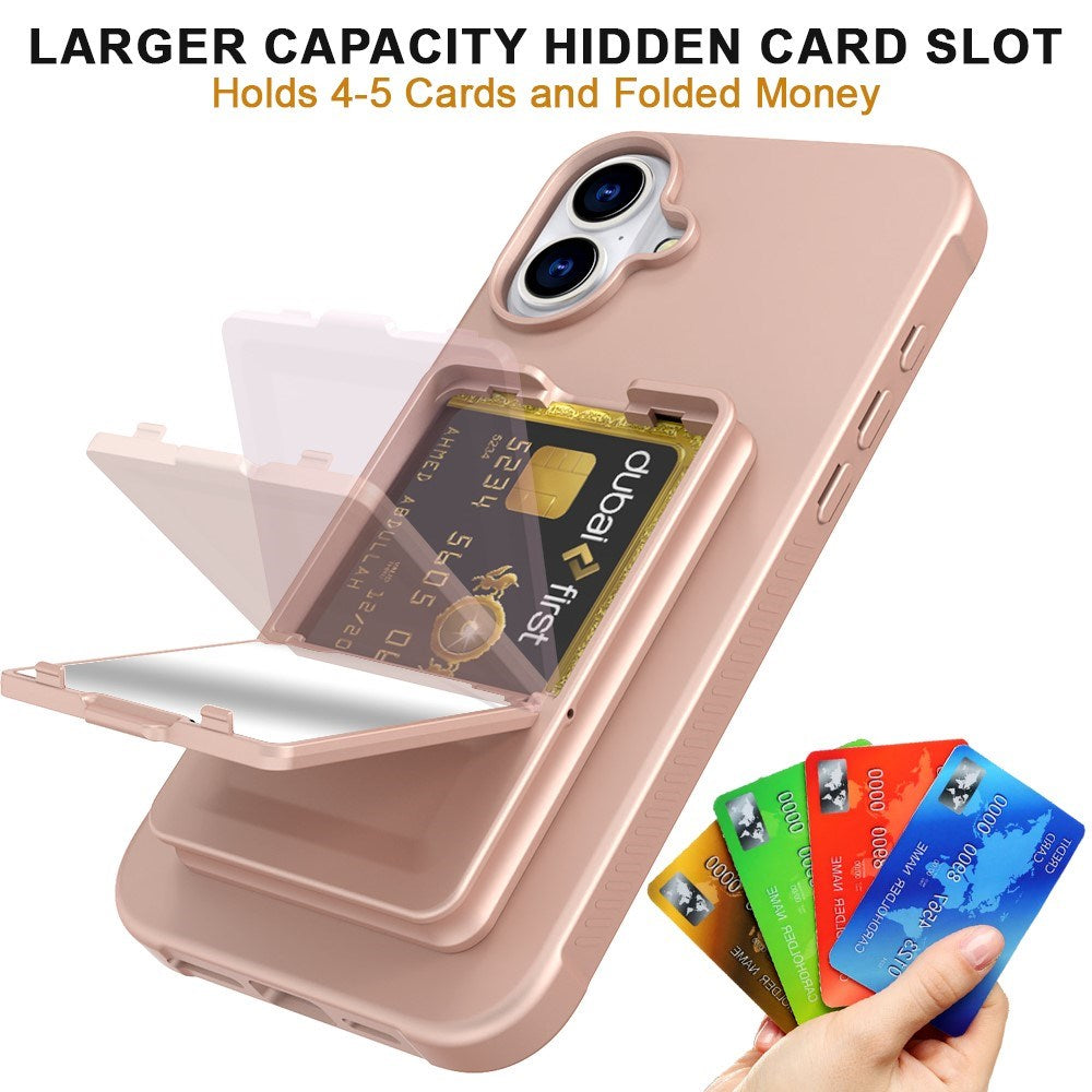 EIDERWOOD iPhone 16 Fleksibelt Plastik Bagside Cover m. Kortholder & Indbygget Spejl - Rose Gold