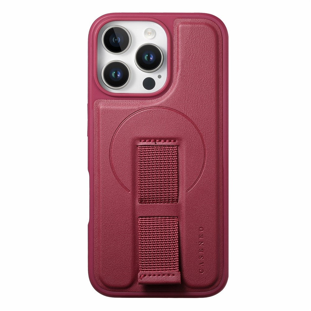 iPhone 16 Pro - Hårdt Plastik Cover m. Kunstlæder Bagside & Fingerrem - MagSafe Kompatibel - Rød