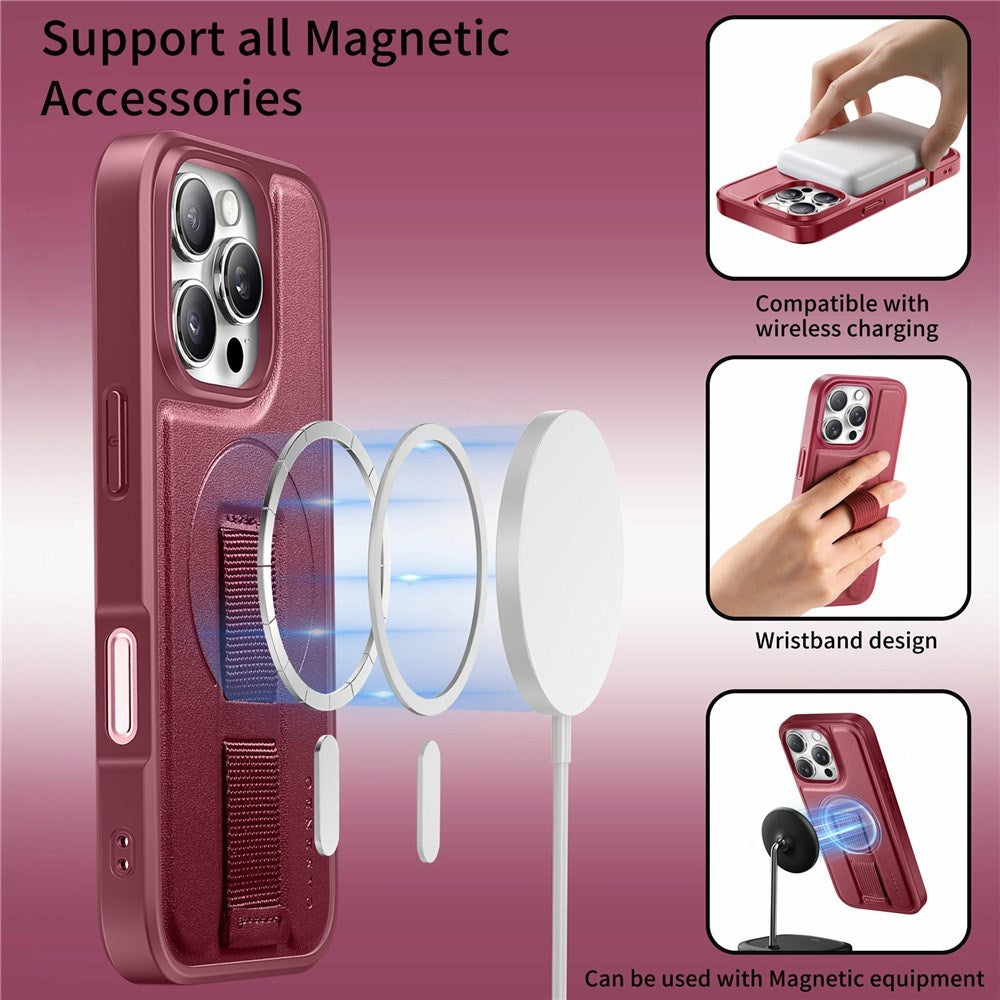 iPhone 16 Pro - Hårdt Plastik Cover m. Kunstlæder Bagside & Fingerrem - MagSafe Kompatibel - Rød
