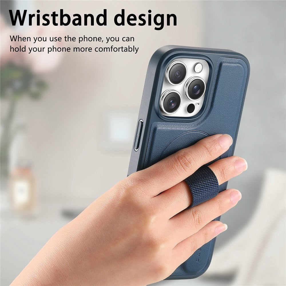 iPhone 16 Pro - Hårdt Plastik Cover m. Kunstlæder Bagside & Fingerrem - MagSafe Kompatibel - Blå