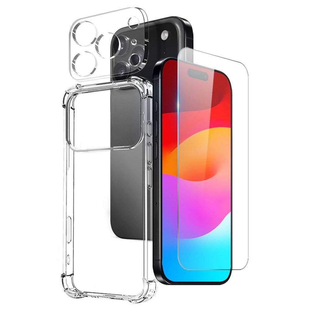 iPhone 17 Pro Max - NORTHJO 3-i-1 Beskyttelsessæt m. Stødabsorberende Fleksibelt Plastik Cover / Hærdet Skærmbeskyttelsesglas / Kameralinsebeskyttelsesglas - Gennemsigtig