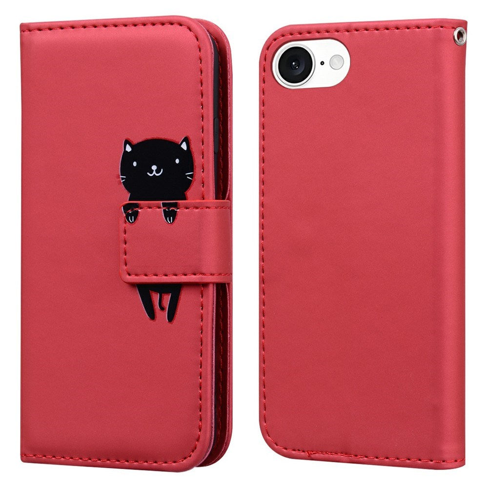 iPhone 17e / 16e Kunstlæder Flip Cover m. Figur & Ståfunktion - Rød