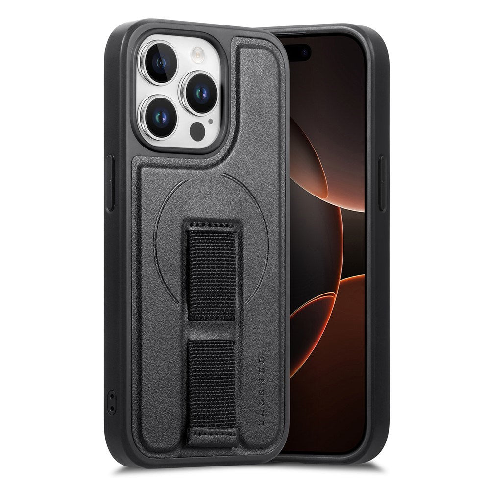 iPhone 14 Pro - Hårdt Plastik Cover m. Kunstlæder Bagside & Fingerrem - MagSafe Kompatibel - Sort