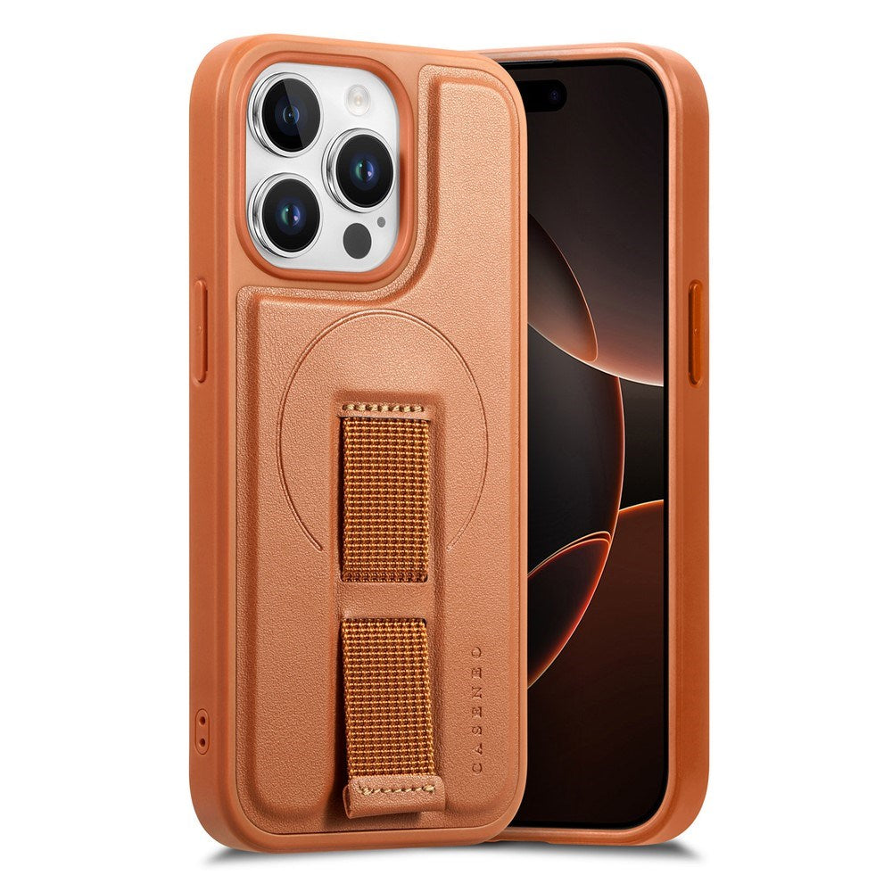 iPhone 15 Pro - Hårdt Plastik Cover m. Kunstlæder Bagside & Fingerrem - MagSafe Kompatibel - Brun