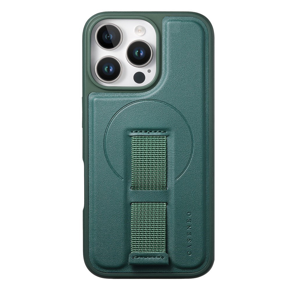 iPhone 15 Pro - Hårdt Plastik Cover m. Kunstlæder Bagside & Fingerrem - MagSafe Kompatibel - Grøn