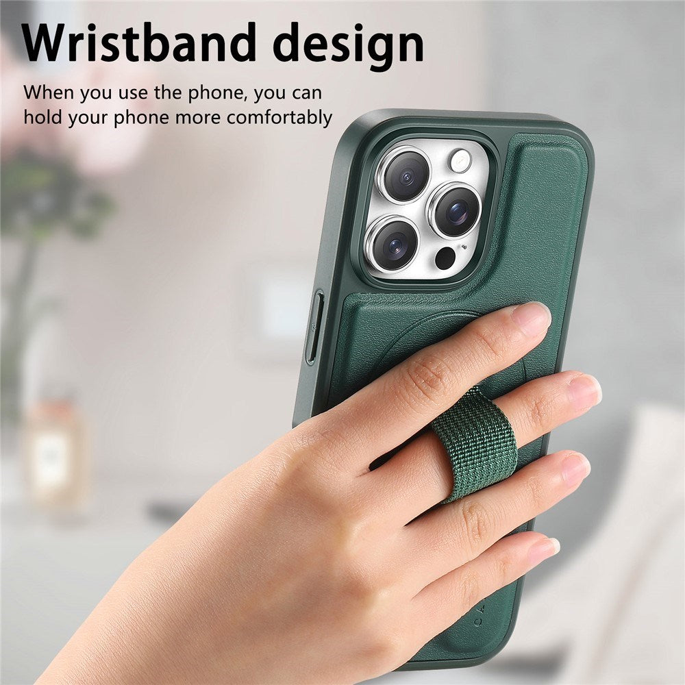 iPhone 15 Pro - Hårdt Plastik Cover m. Kunstlæder Bagside & Fingerrem - MagSafe Kompatibel - Grøn