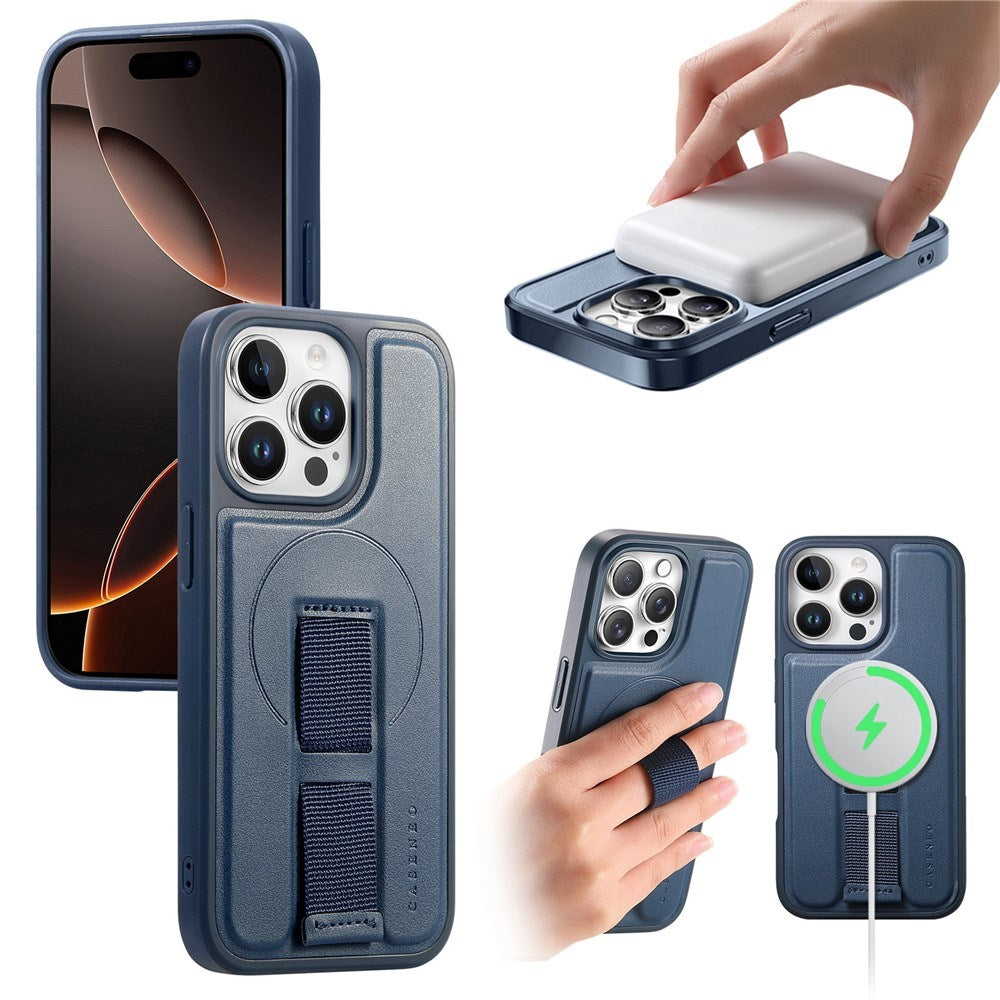 iPhone 15 Pro - Hårdt Plastik Cover m. Kunstlæder Bagside & Fingerrem - MagSafe Kompatibel - Blå