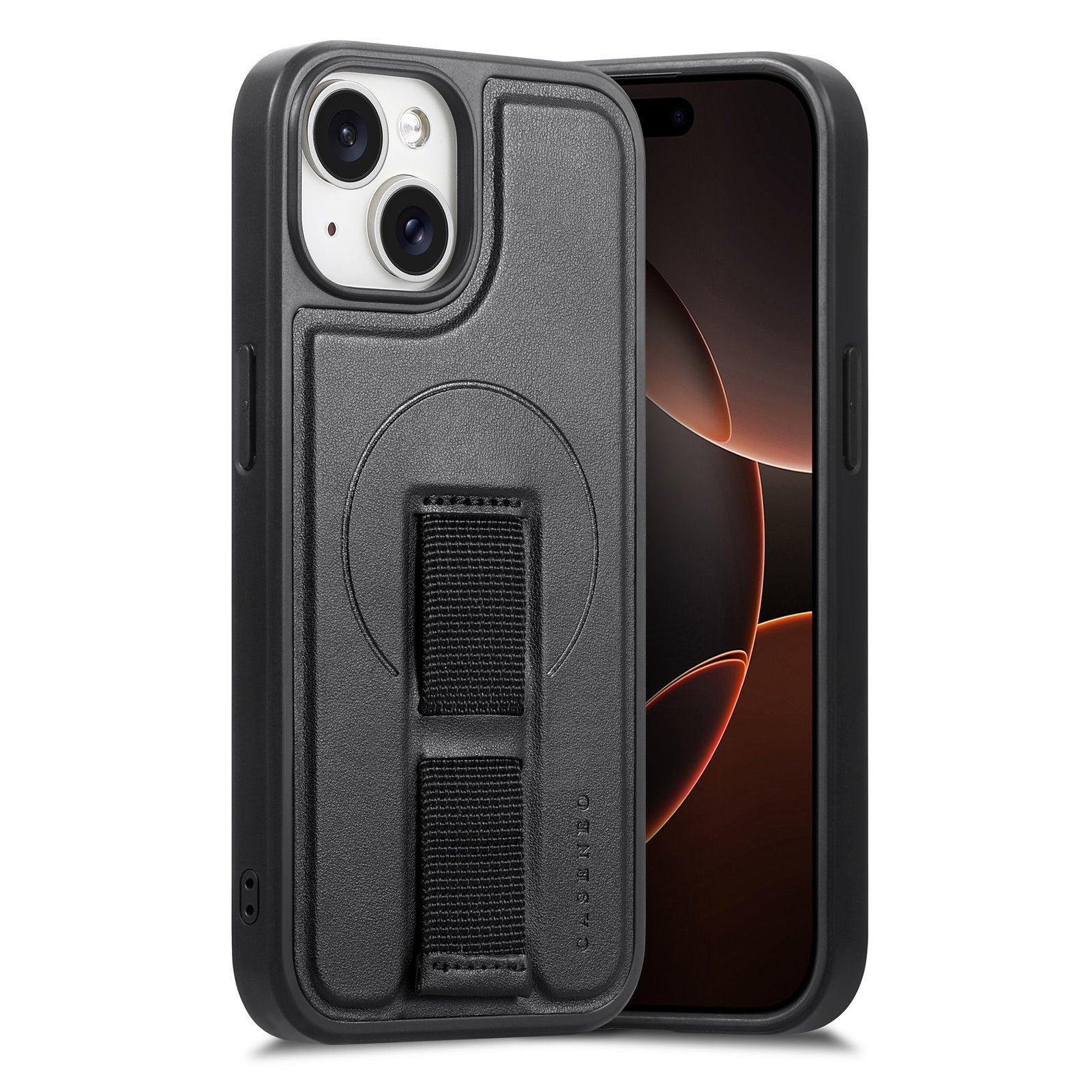 iPhone 14 / 13 - Hårdt Plastik Cover m. Kunstlæder Bagside & Fingerrem - MagSafe Kompatibel - Sort