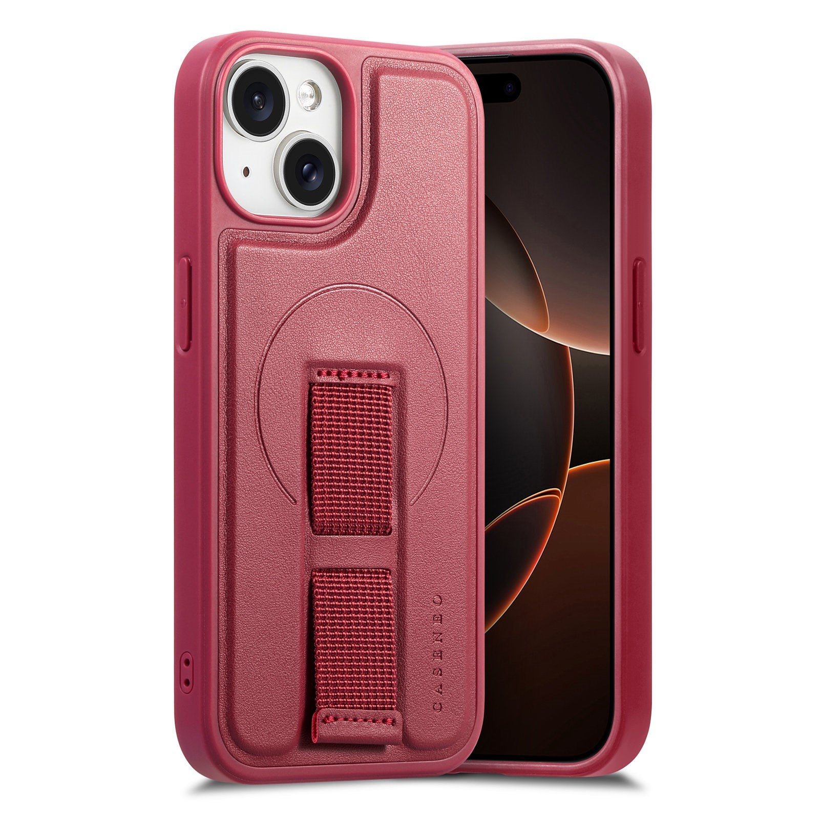 iPhone 14 / 13 - Hårdt Plastik Cover m. Kunstlæder Bagside & Fingerrem - MagSafe Kompatibel - Rød