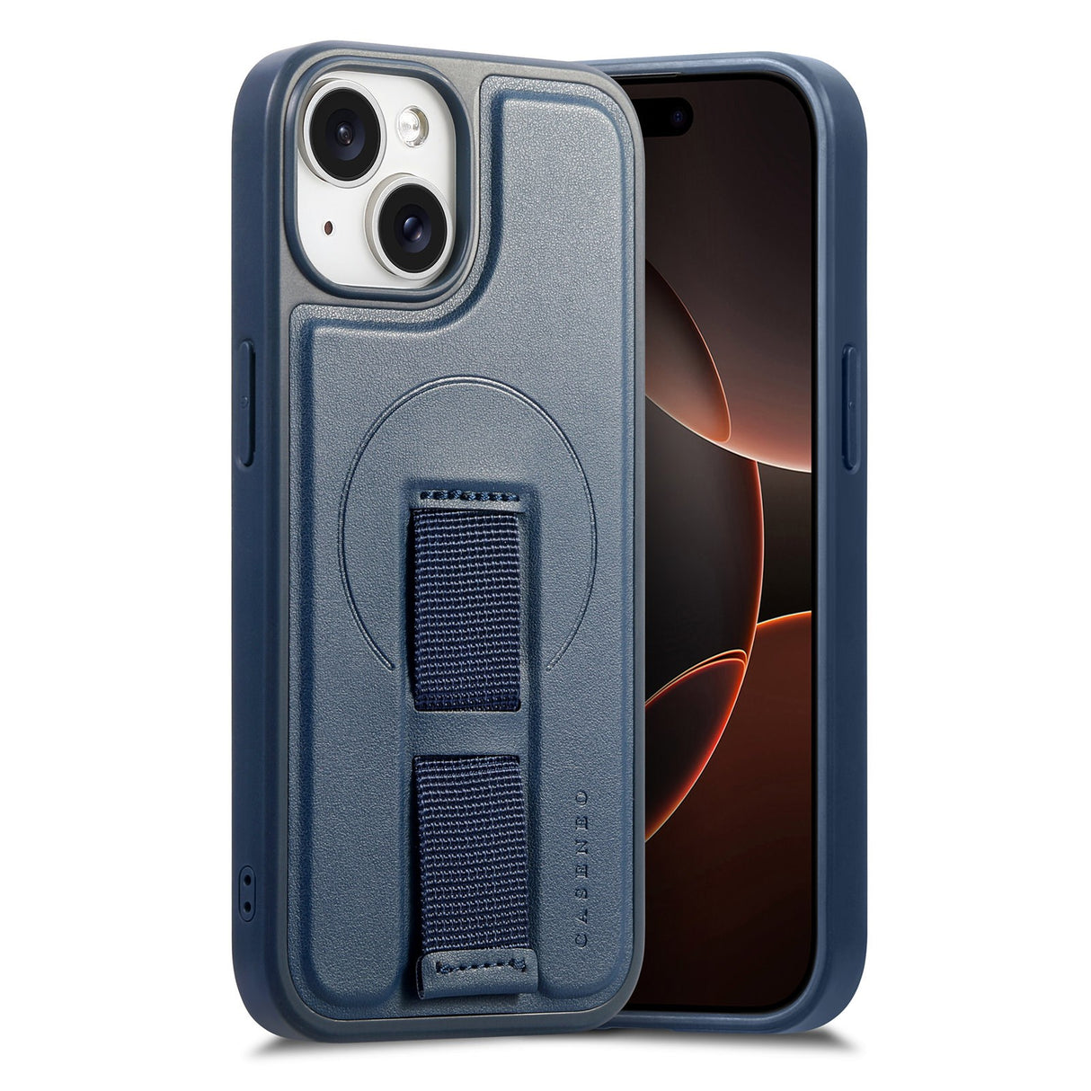 iPhone 14 / 13 - Hårdt Plastik Cover m. Kunstlæder Bagside & Fingerrem - MagSafe Kompatibel - Blå