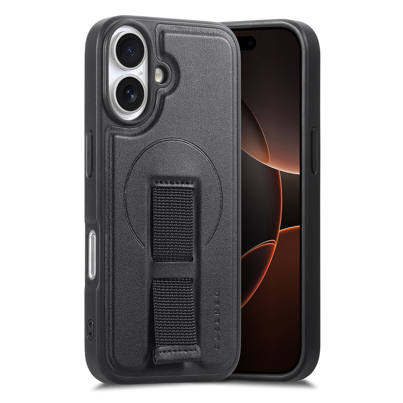 iPhone 16 - Hårdt Plastik Cover m. Kunstlæder Bagside & Fingerrem - MagSafe Kompatibel - Sort