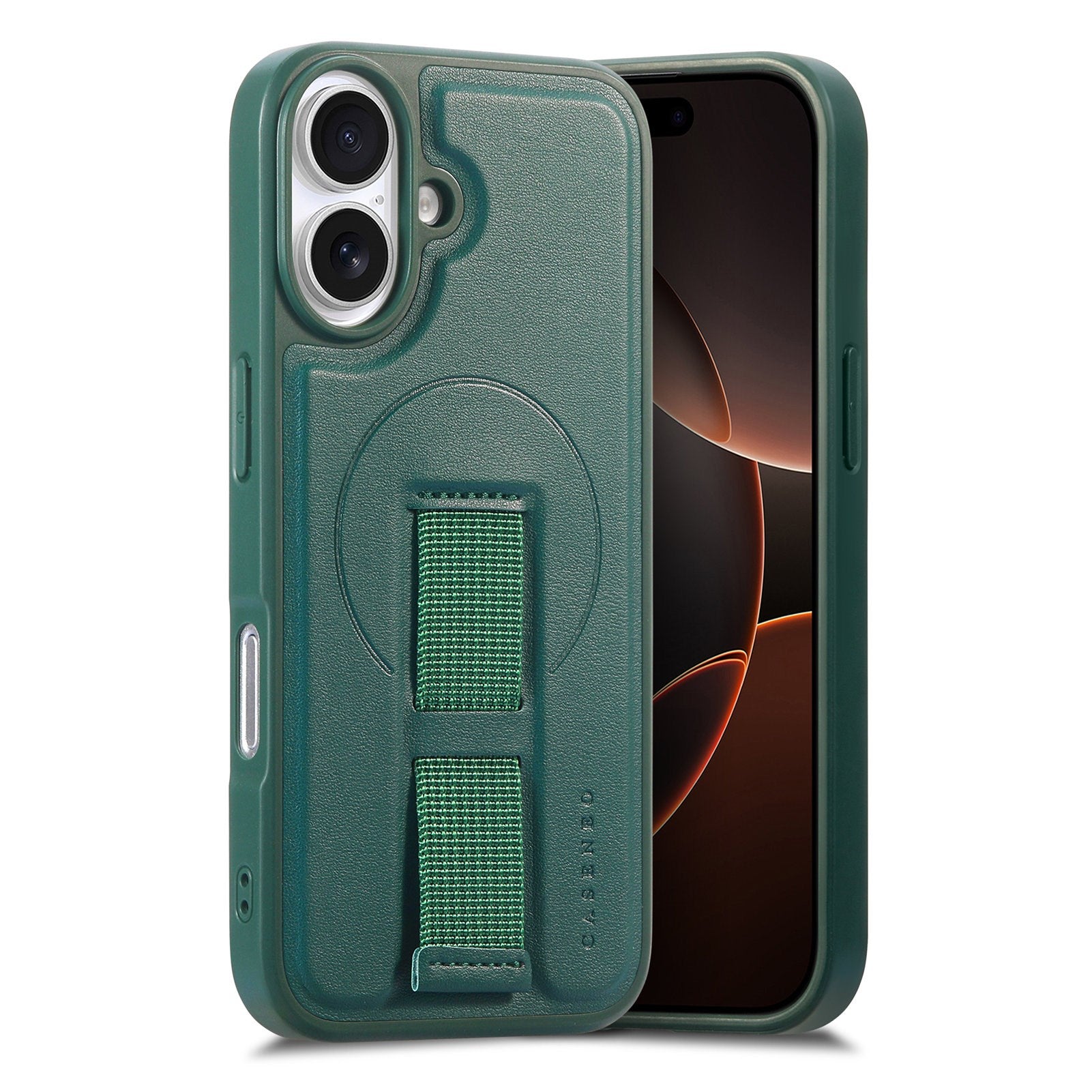 iPhone 16 - Hårdt Plastik Cover m. Kunstlæder Bagside & Fingerrem - MagSafe Kompatibel - Grøn