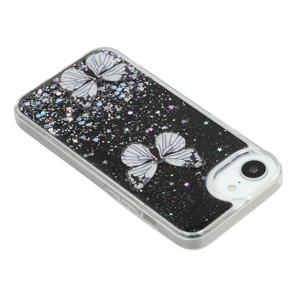 EIDERWOOD iPhone 16e Fleksibelt Plastik Mobil Cover m. Sommerfugle - Gennemsigtig / Sort