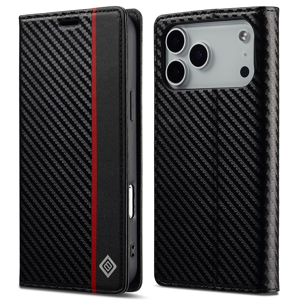 LC.IMEEKE iPhone 18 Pro / 17 Pro Kunstlæder Flip Cover m. Kortholder & Ståfunktion - Sort / Rød Vertikal Stribe