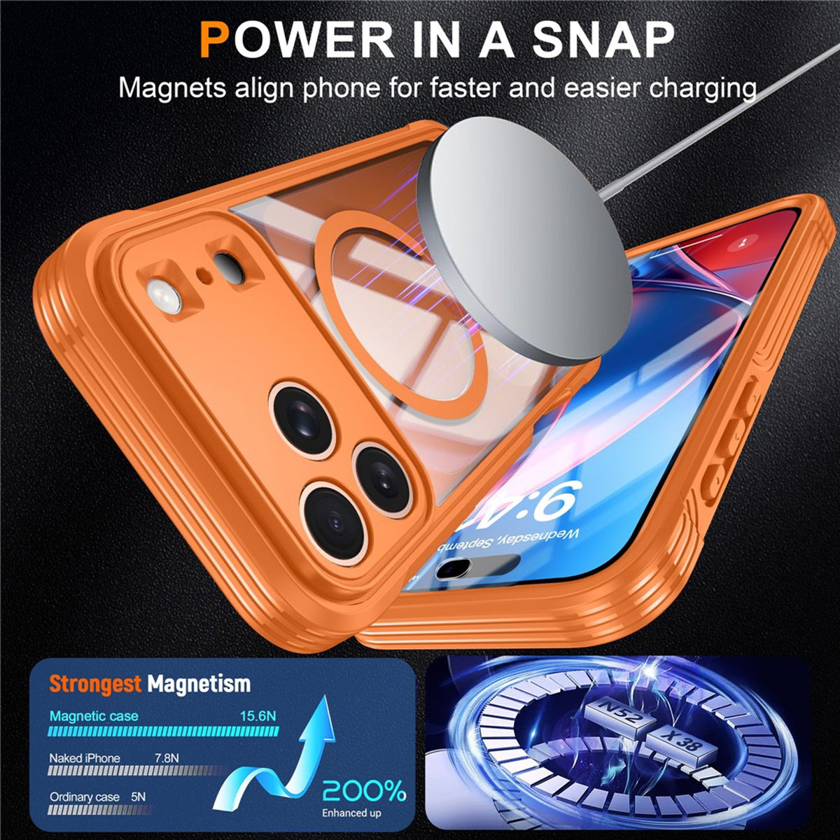iPhone 18 Pro / 17 Pro Hybrid Plast Bagside Cover m. Skærmbeskyttelse - MagSafe Kompatibel - Gennemsigtig / Orange