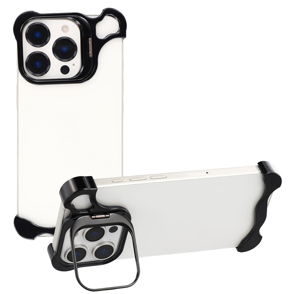 iPhone 16 Pro 2-i-1 Metal Bumper Cover - Ståfunktion & Linsebeskytter - Sort
