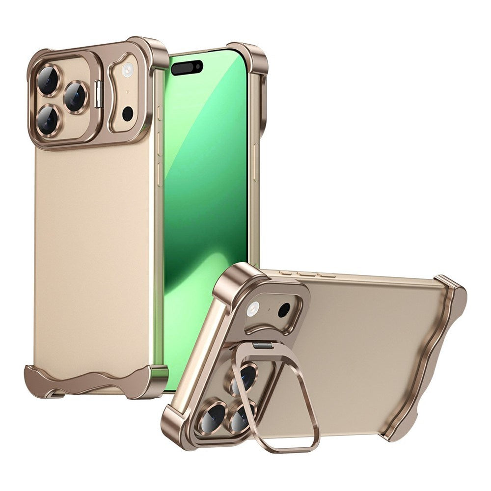 iPhone 17 Pro 2-i-1 Metal Bumper Cover - Ståfunktion & Linsebeskytter - Guld