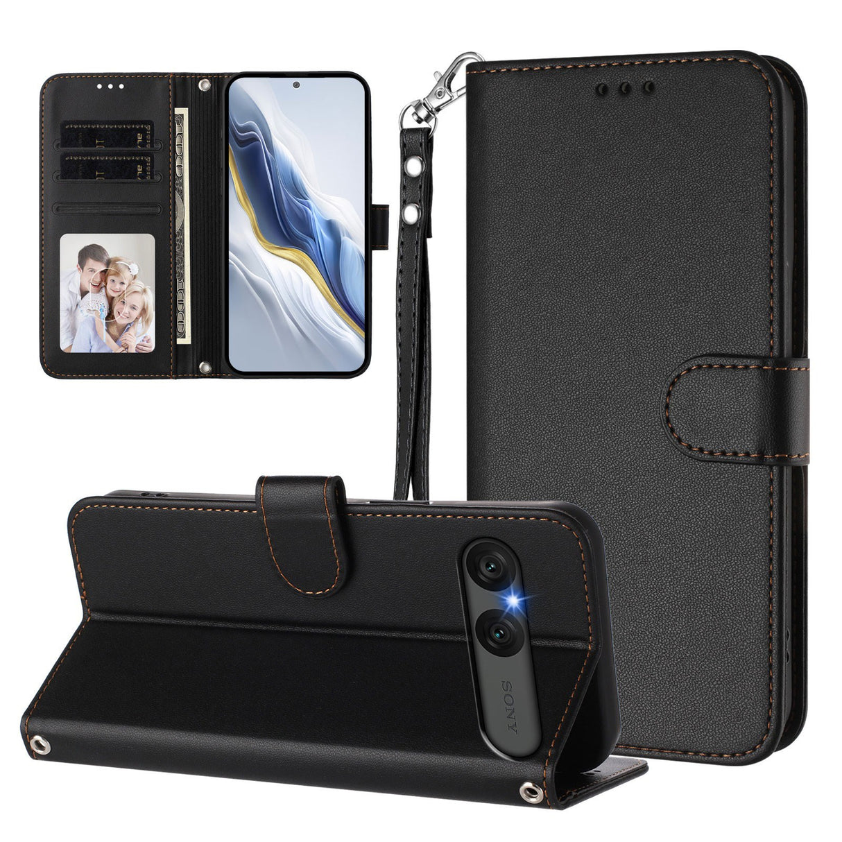 Sony Xperia 10 VII - EIDERWOOD Kunstlæder Flip Cover - Kortholder & Strop - Sort